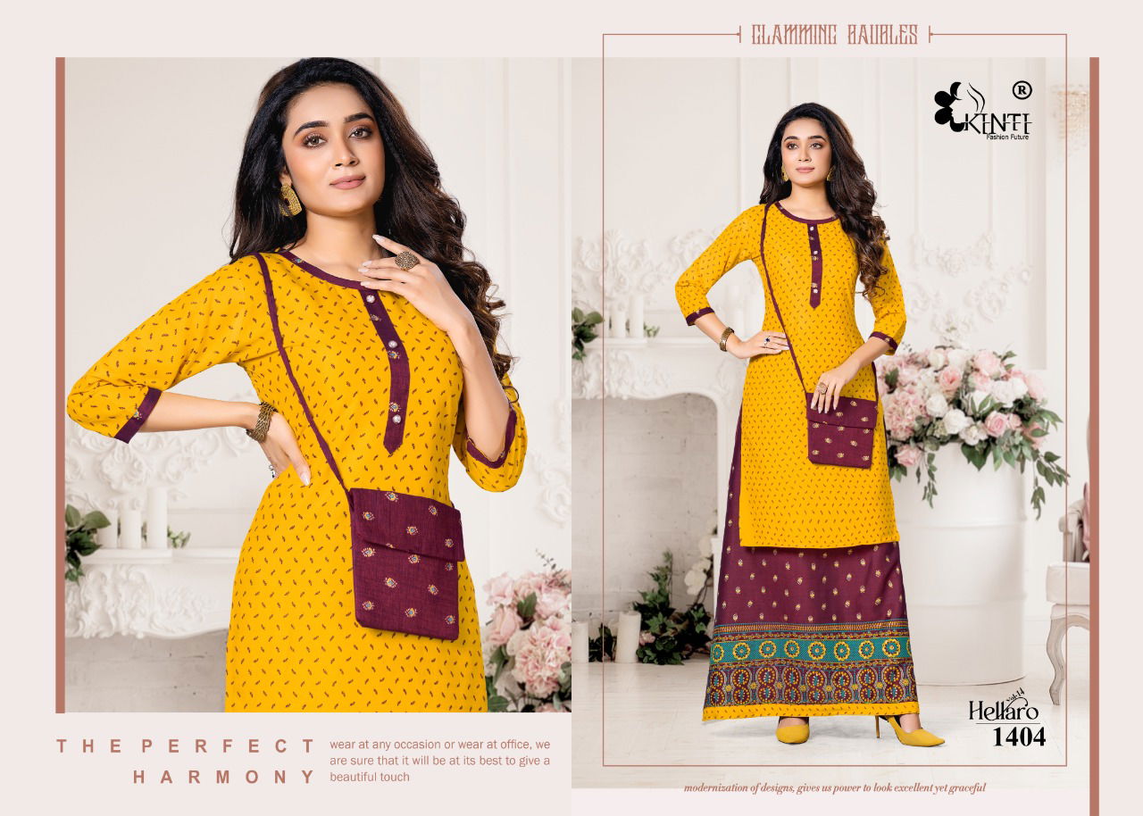 Kinti Hellaro 14 Ethnic Wear Rayon Printed Designer Fancy Kurti With Skirt Collection